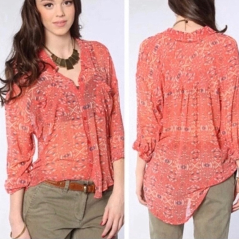 Free People Coral Easy Rider Geometric Sheer Blouse S… - Gem